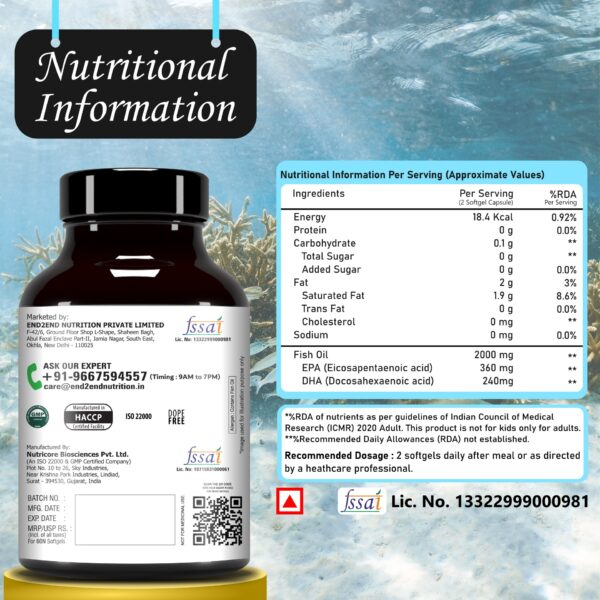 End2End Nutrition Deep Sea Omega 3 Fish Oil Capsules - (Pack of 2) 120 Softgels - Image 2